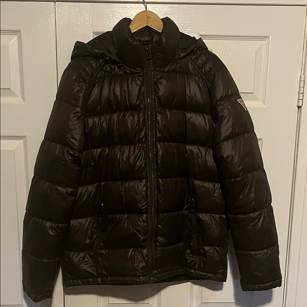 Guess Puffer jacket, color Dark Olive green